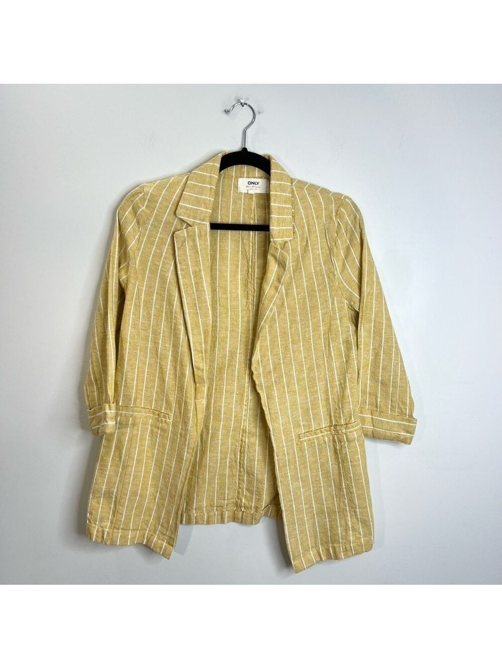 ONLY linen blend yellow white pin stripe open front jacket blazer EU 34 - Picture 3 of 12